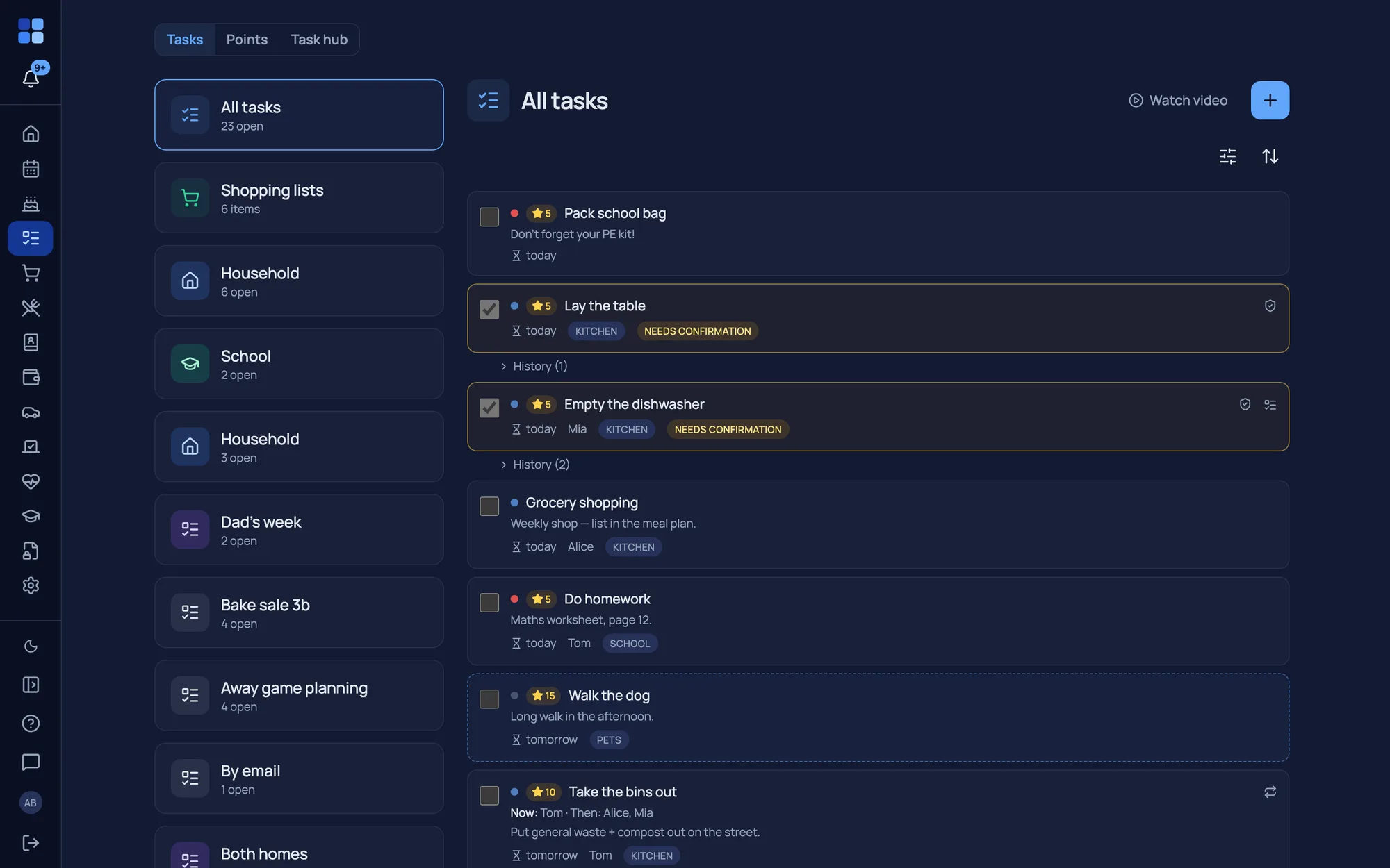 Tasks & lists – rotation, confirmation and “logged by/when”