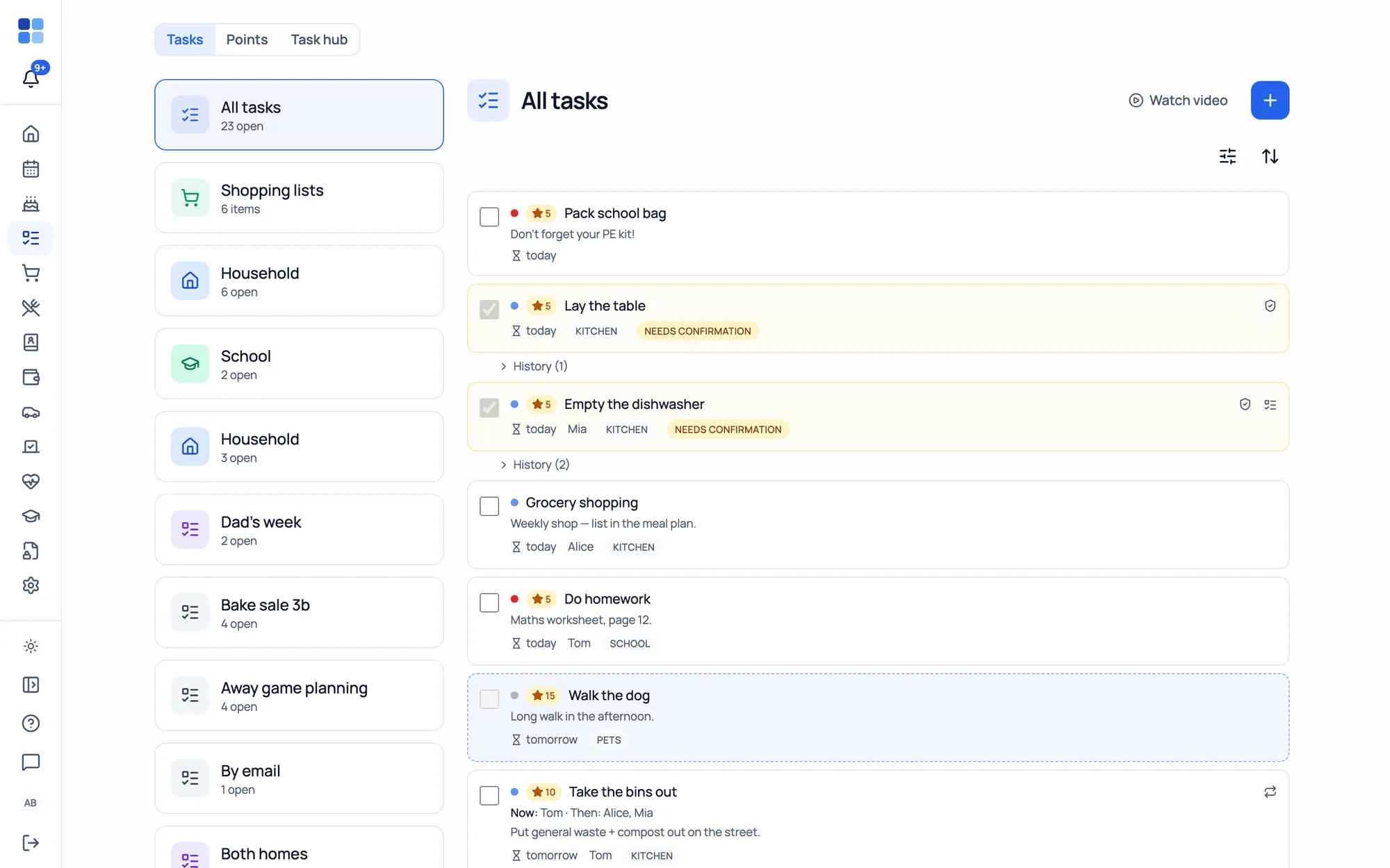 Tasks & lists – rotation, confirmation and “logged by/when”