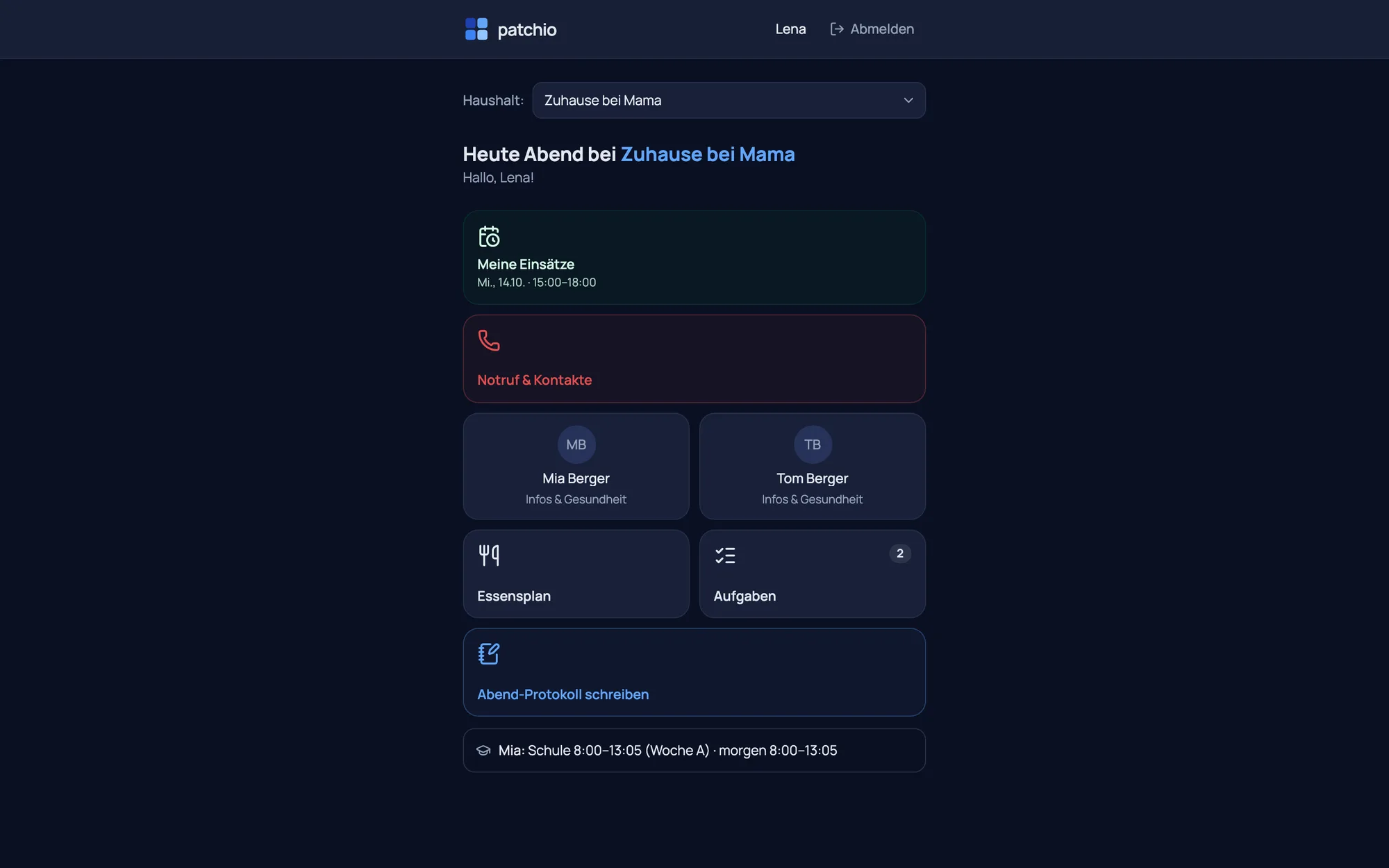 Babysitter view – assigned children, emergency call, log