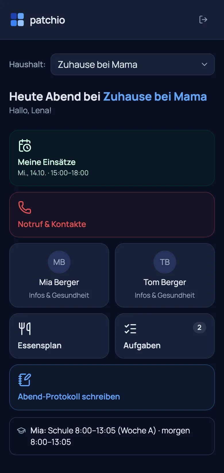 Babysitter view – assigned children, emergency call, log