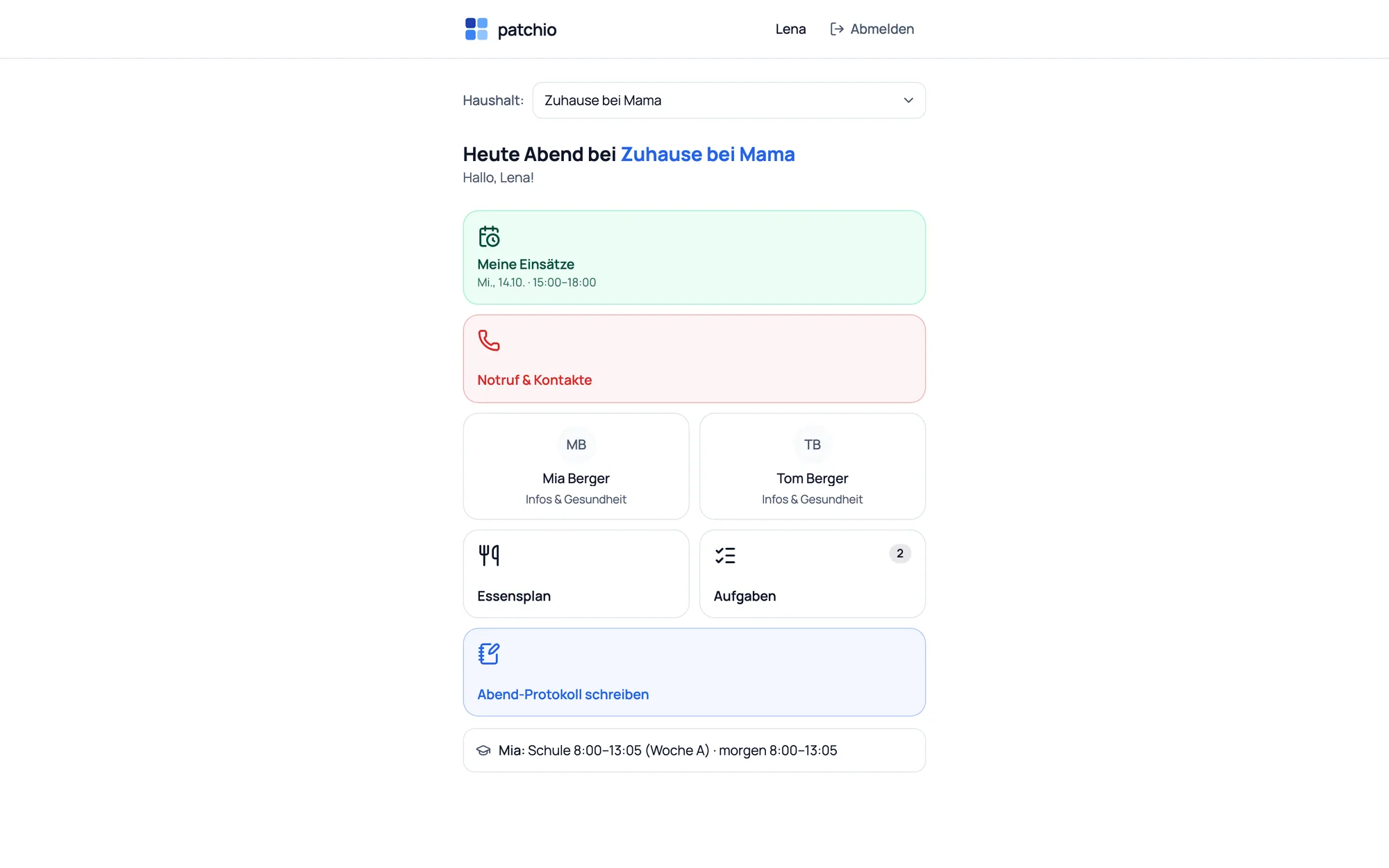 Babysitter view – assigned children, emergency call, log