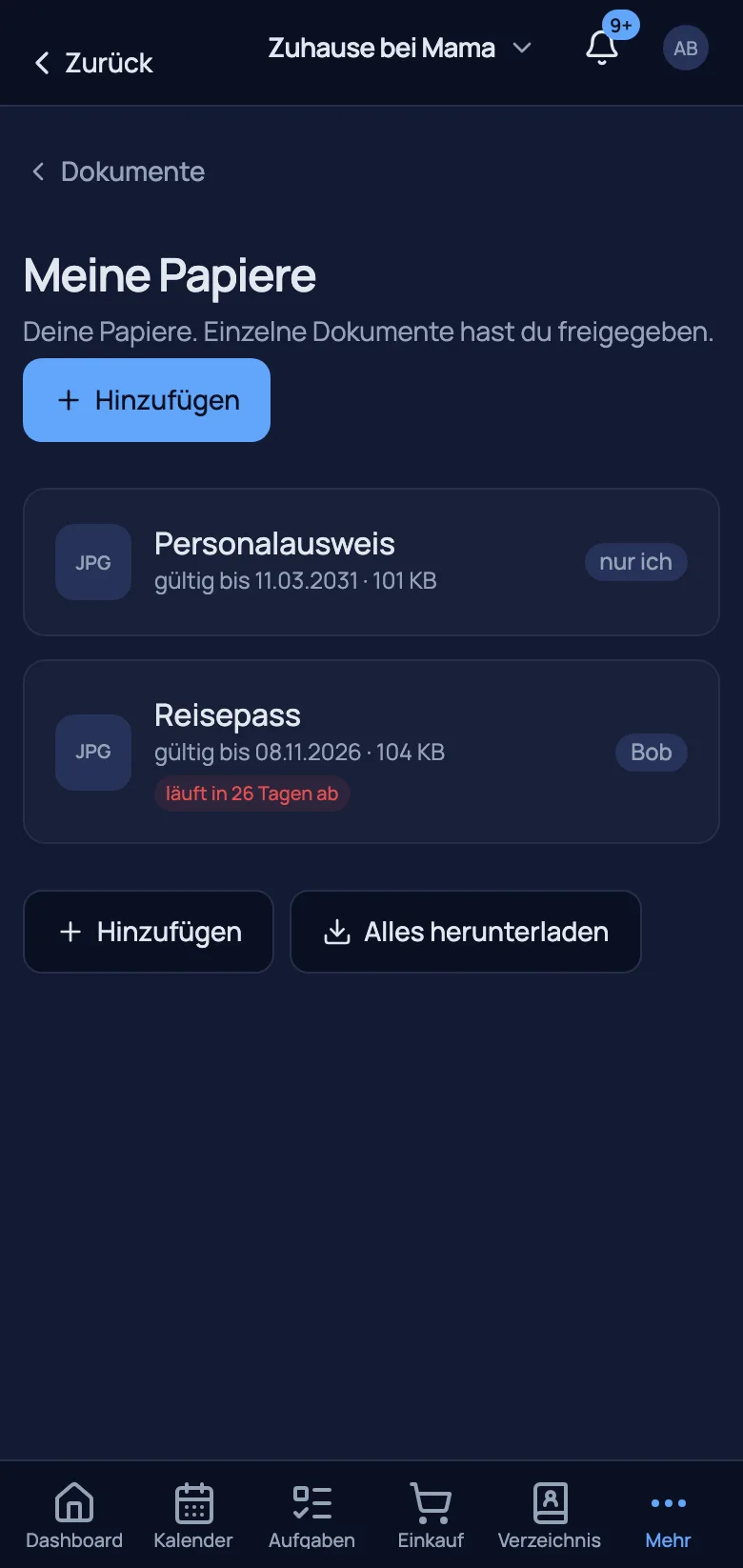 Dokumenten-Tresor — Papiere je Person mit Ablauf-Hinweis