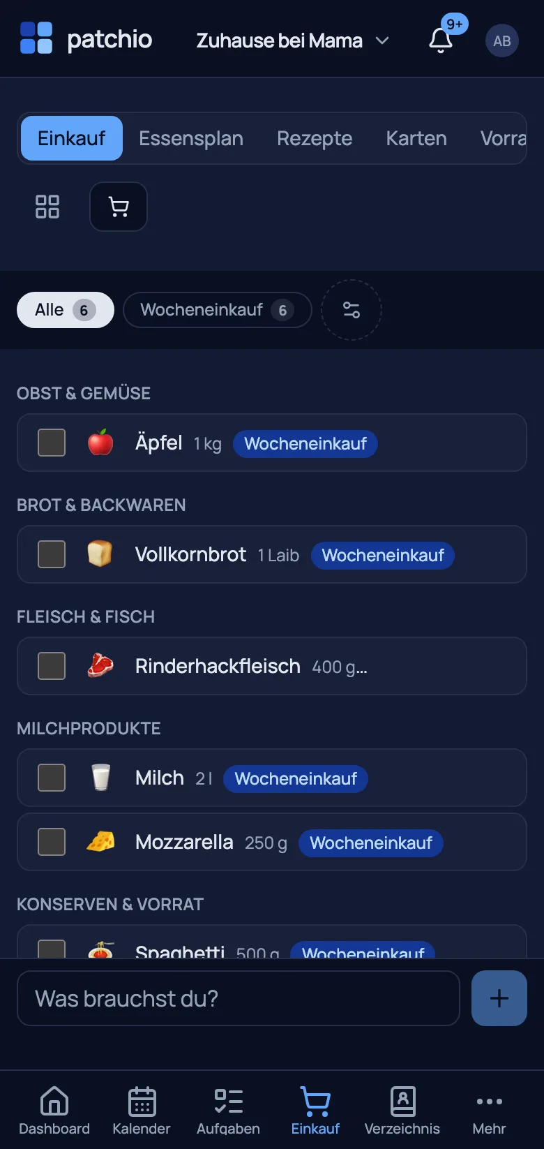 Essensplan, geteilte Einkaufsliste und Vorratsschrank mit Nachschub-Rhythmus