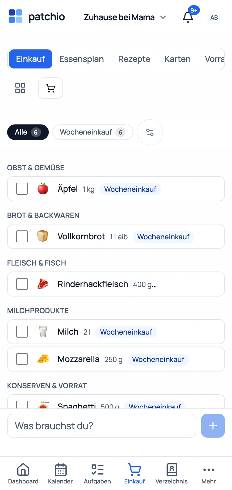 Essensplan, geteilte Einkaufsliste und Vorratsschrank mit Nachschub-Rhythmus