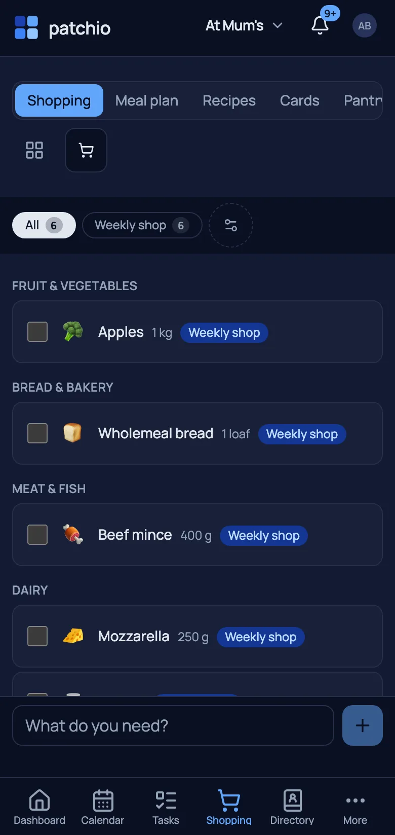 Meal plan, shared shopping list and pantry with a restock rhythm