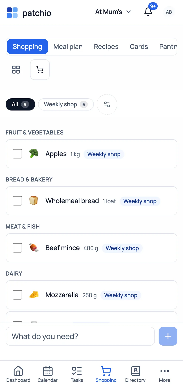Meal plan, shared shopping list and pantry with a restock rhythm