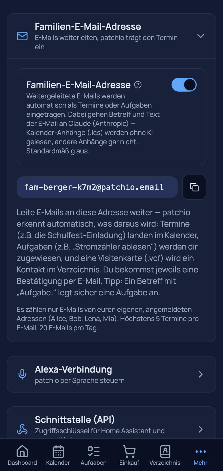 Familien-E-Mail-Adresse — Mail weiterleiten, patchio macht Termin, Aufgabe oder Kontakt daraus
