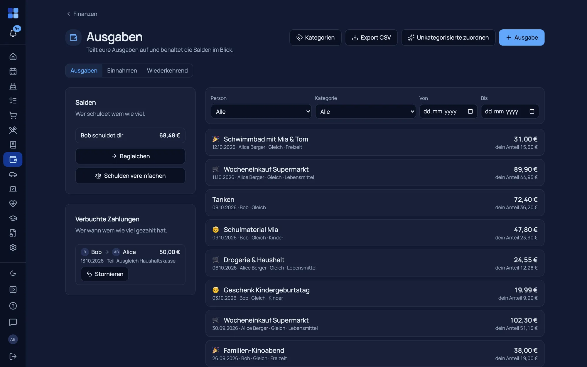 Finanzen — geteilte Ausgaben, Salden und Verträge mit Kündigungs-Radar