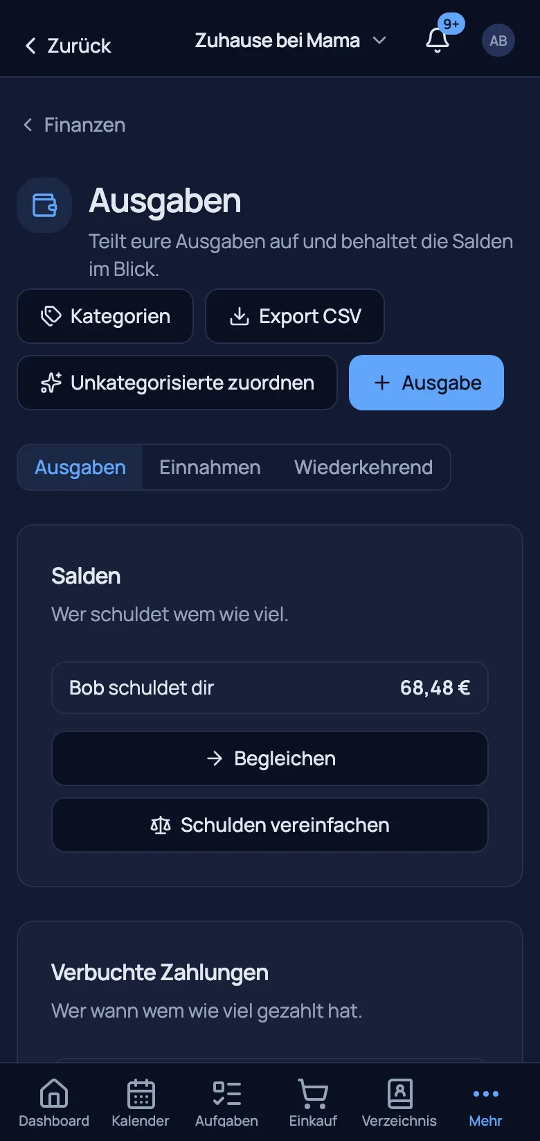Finanzen — geteilte Ausgaben, Salden und Verträge mit Kündigungs-Radar