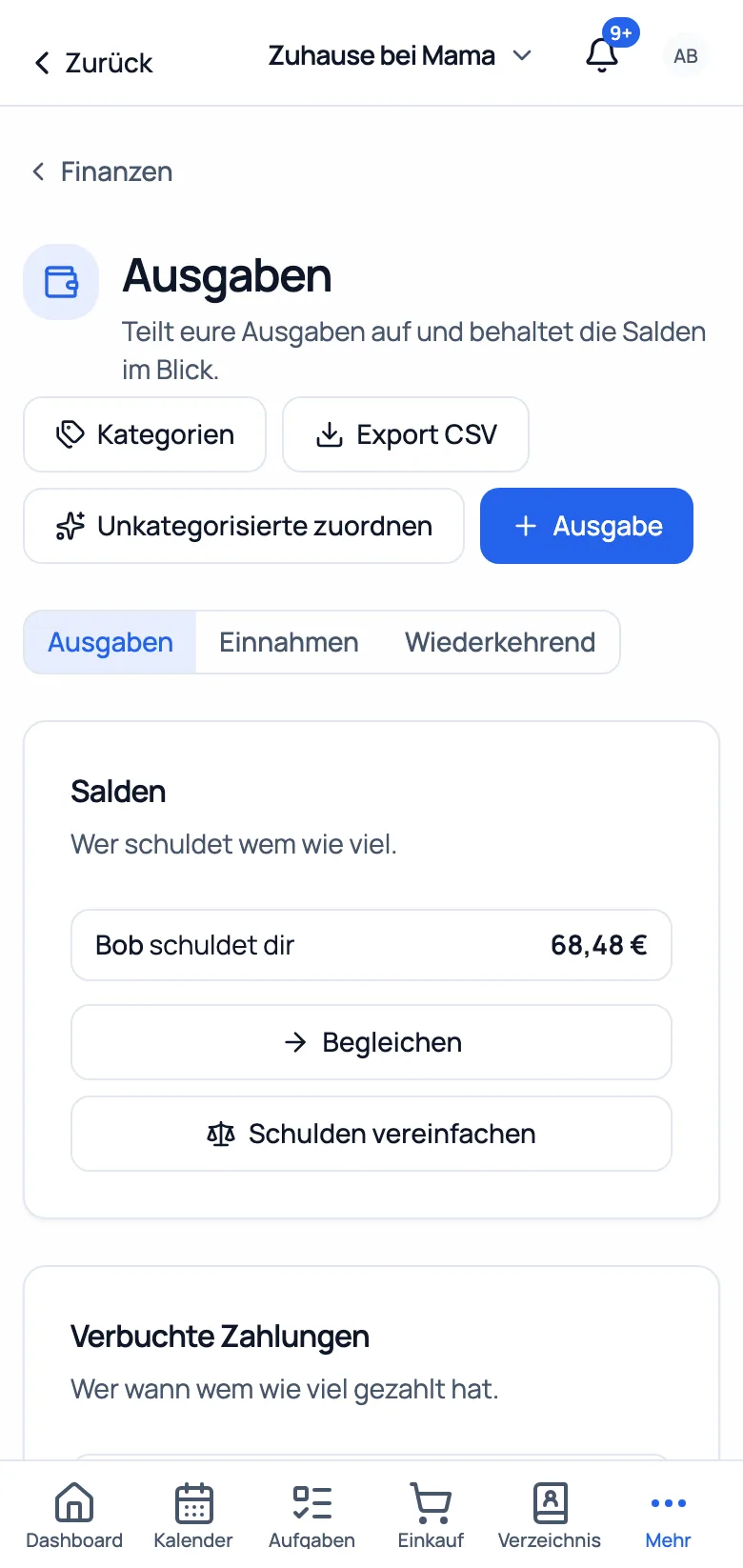 Finanzen — geteilte Ausgaben, Salden und Verträge mit Kündigungs-Radar