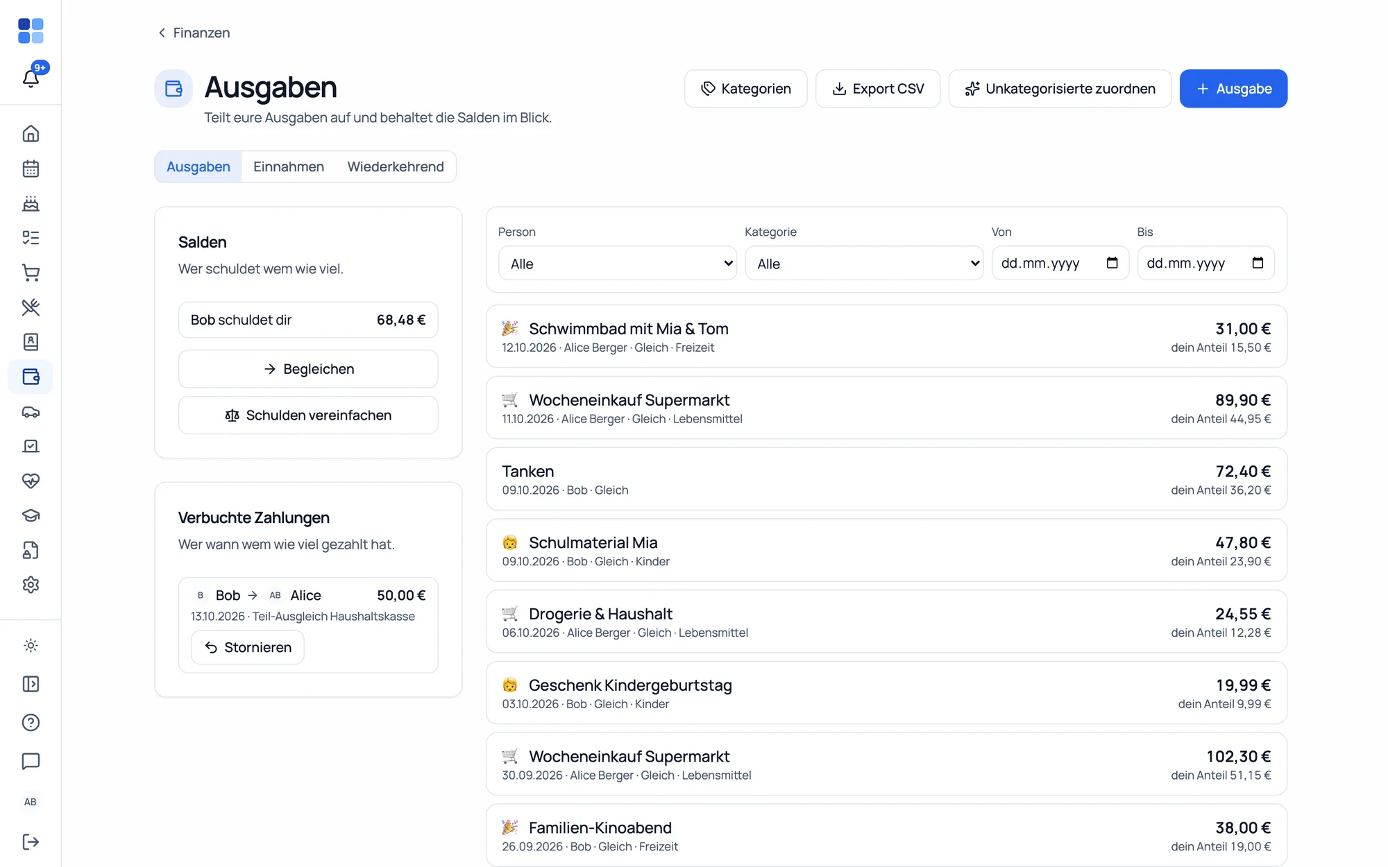 Finanzen — geteilte Ausgaben, Salden und Verträge mit Kündigungs-Radar