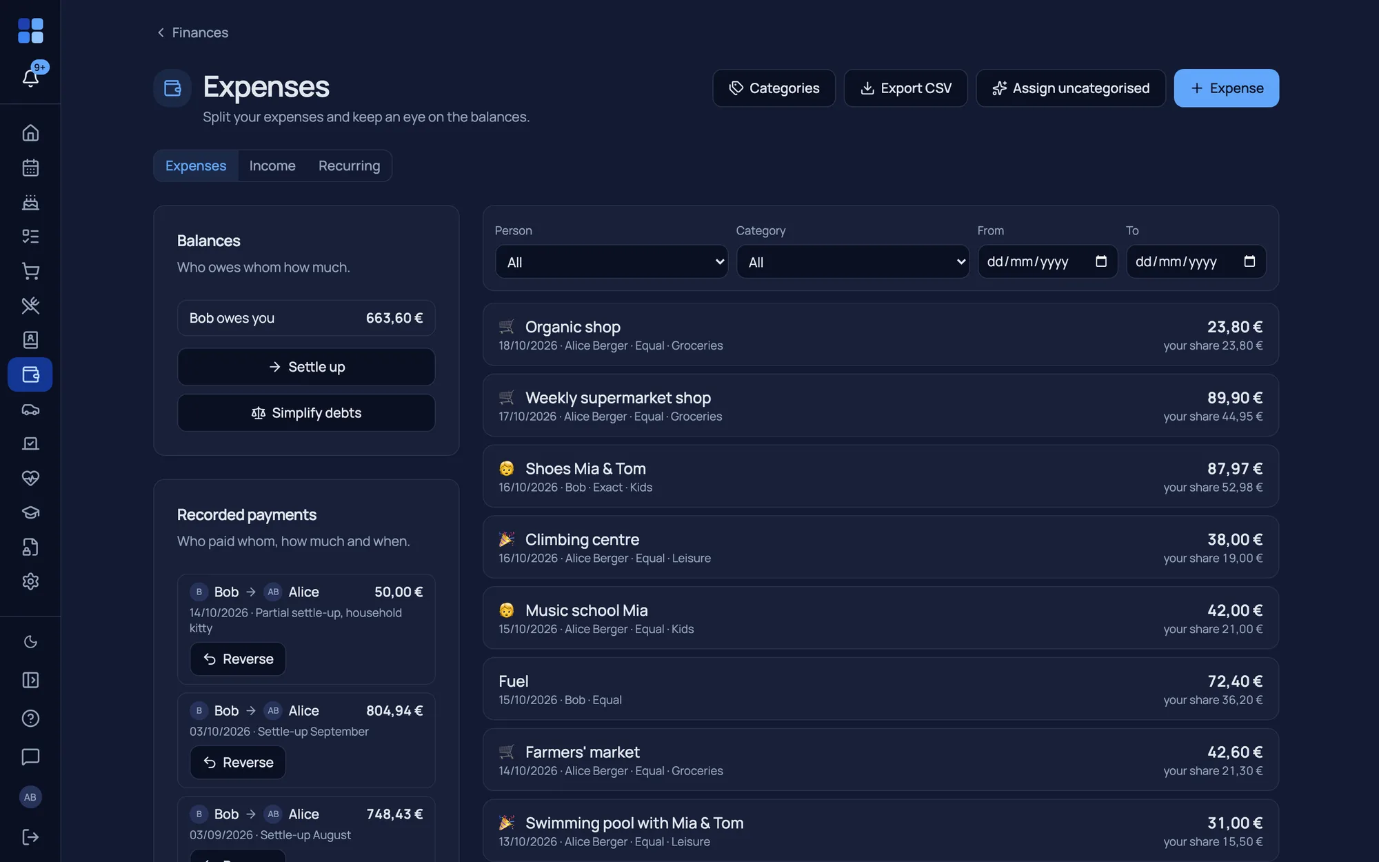 Finances – shared expenses, balances and contracts with a cancellation radar