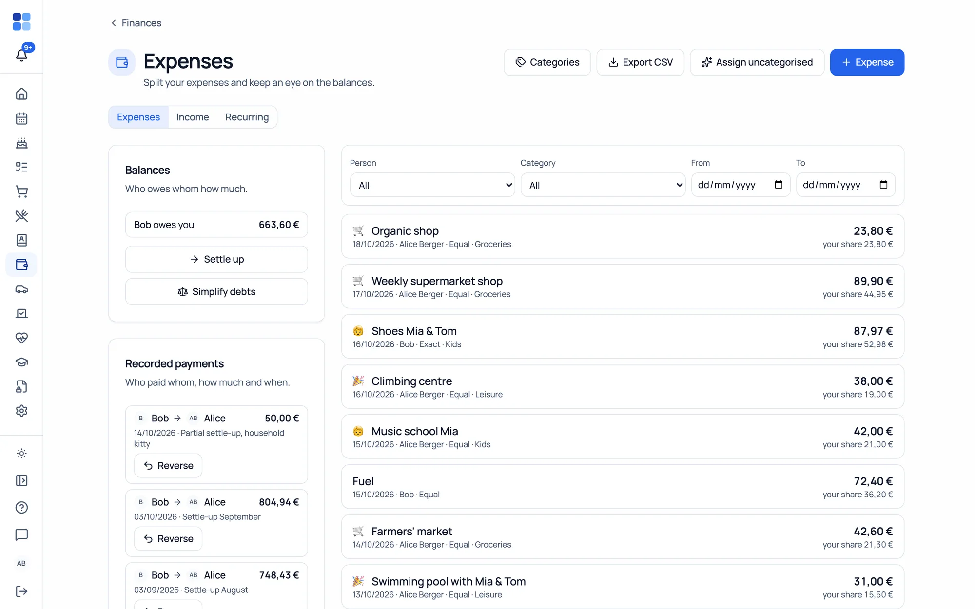 Finances – shared expenses, balances and contracts with a cancellation radar