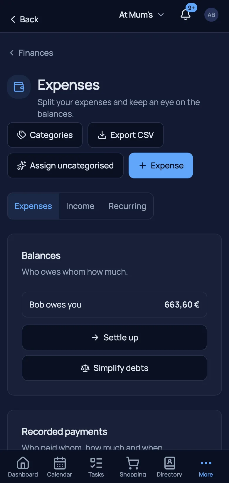 Finances – shared expenses, balances and contracts with a cancellation radar