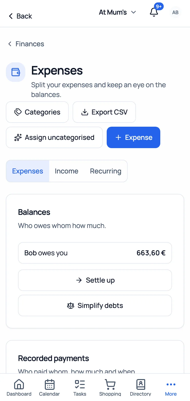 Finances – shared expenses, balances and contracts with a cancellation radar