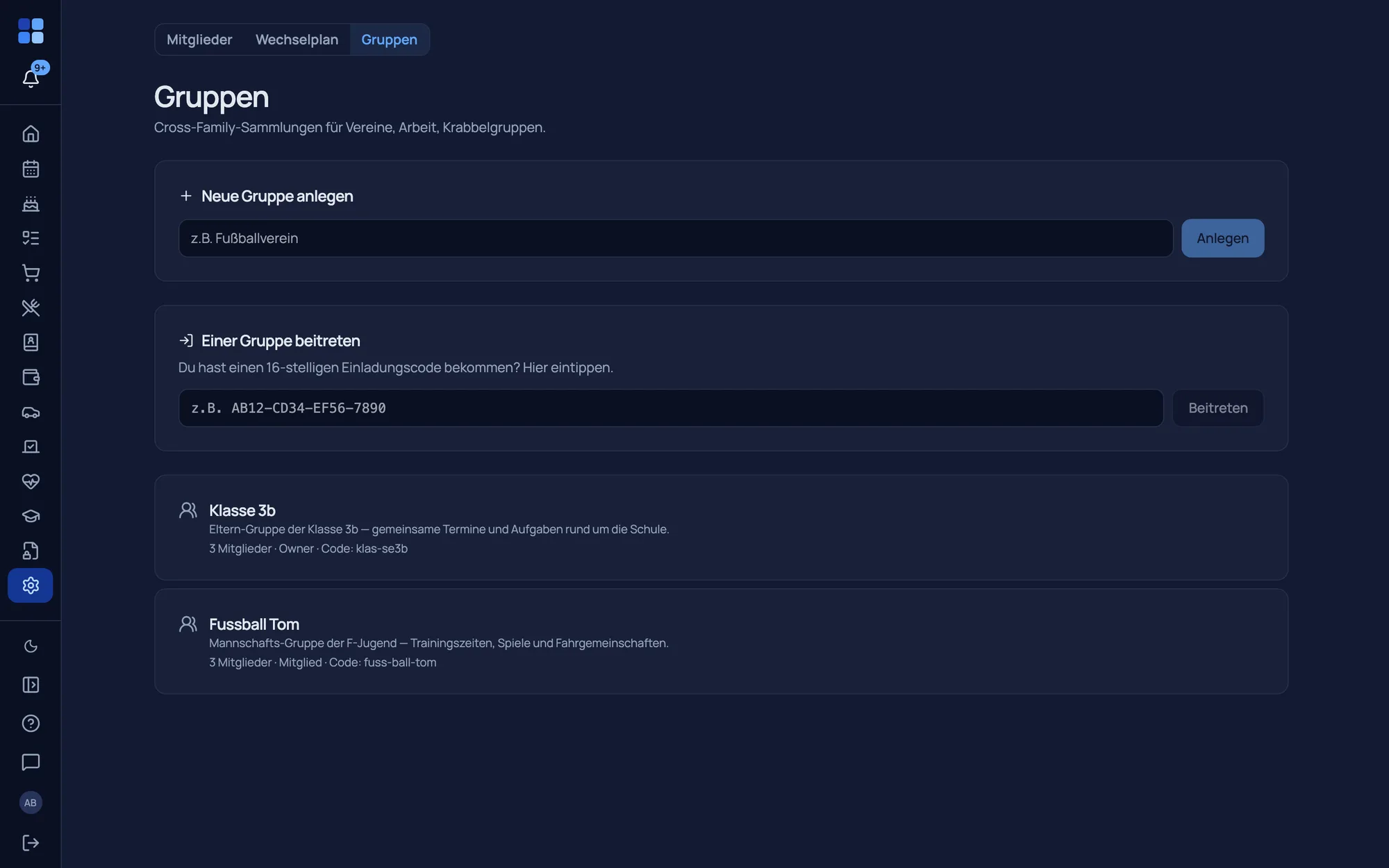 A cross-family group with a shared calendar & lists