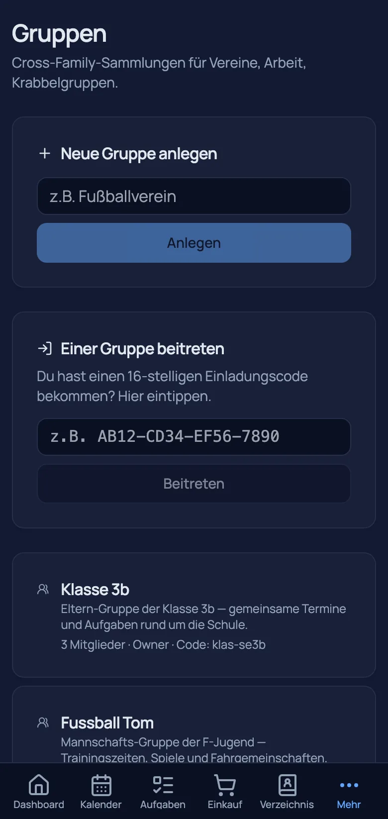A cross-family group with a shared calendar & lists