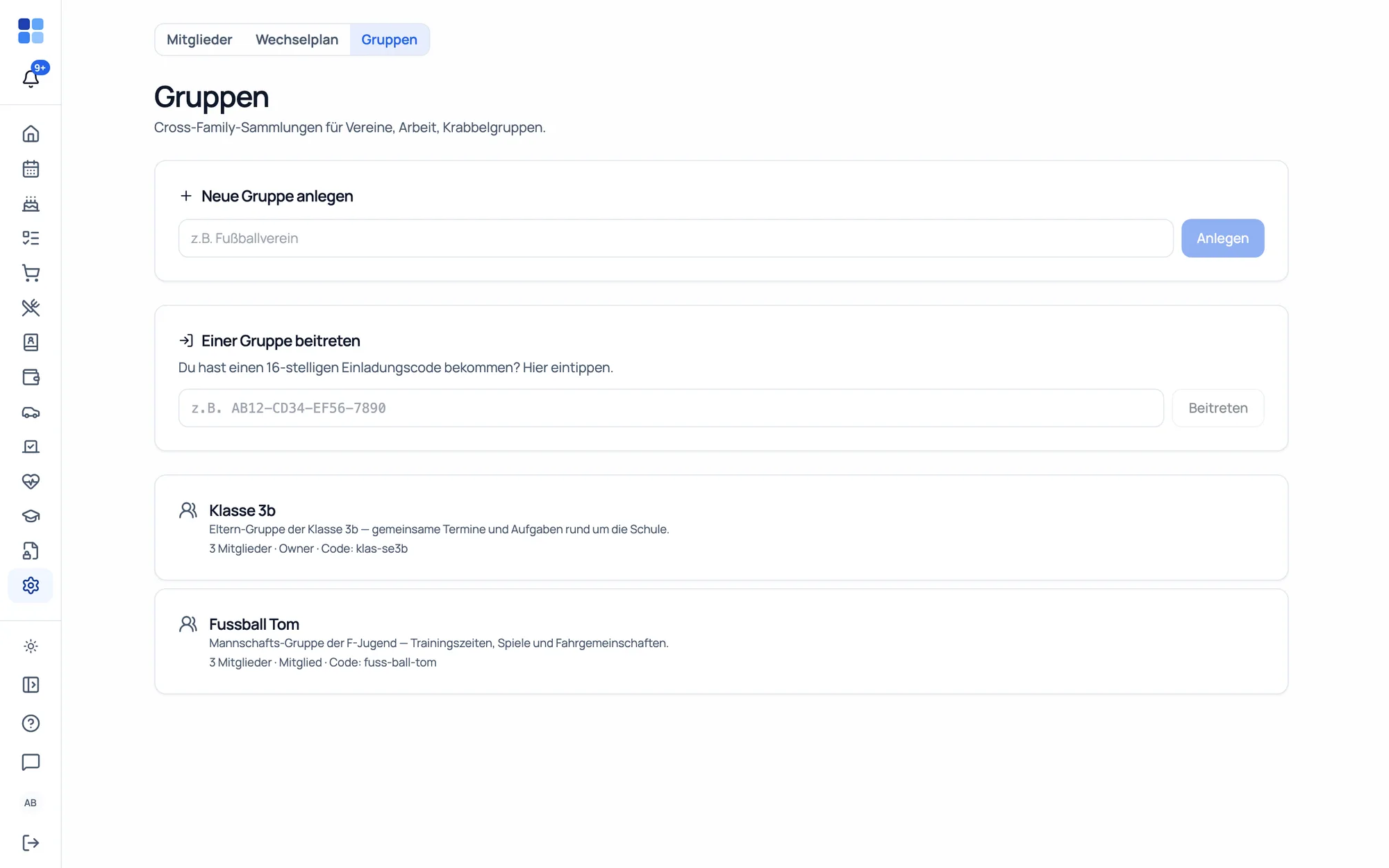A cross-family group with a shared calendar & lists