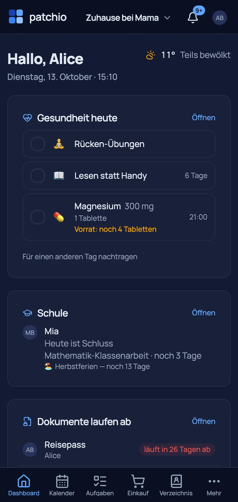 patchio Dashboard auf dem Smartphone