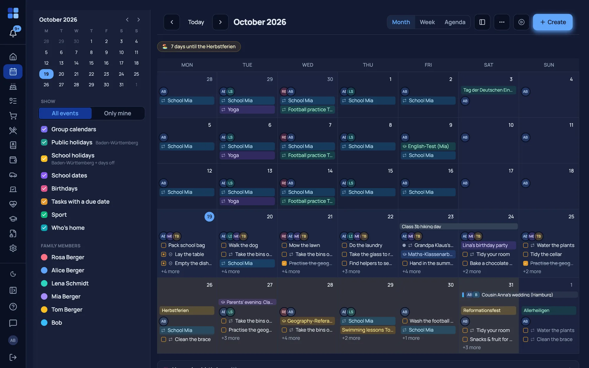 The patchio family calendar in month view on desktop