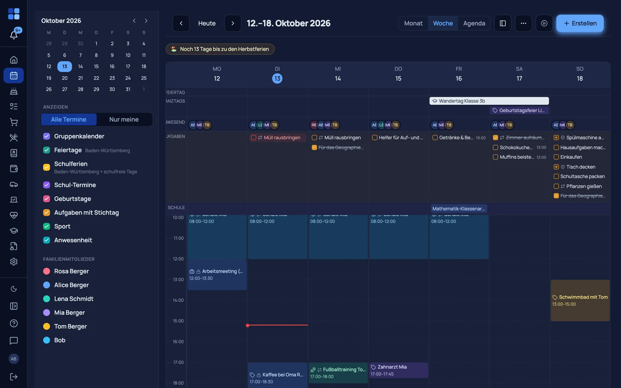 Familienkalender — Desktop-Wochenansicht mit „Meine Kalender"-Sidebar