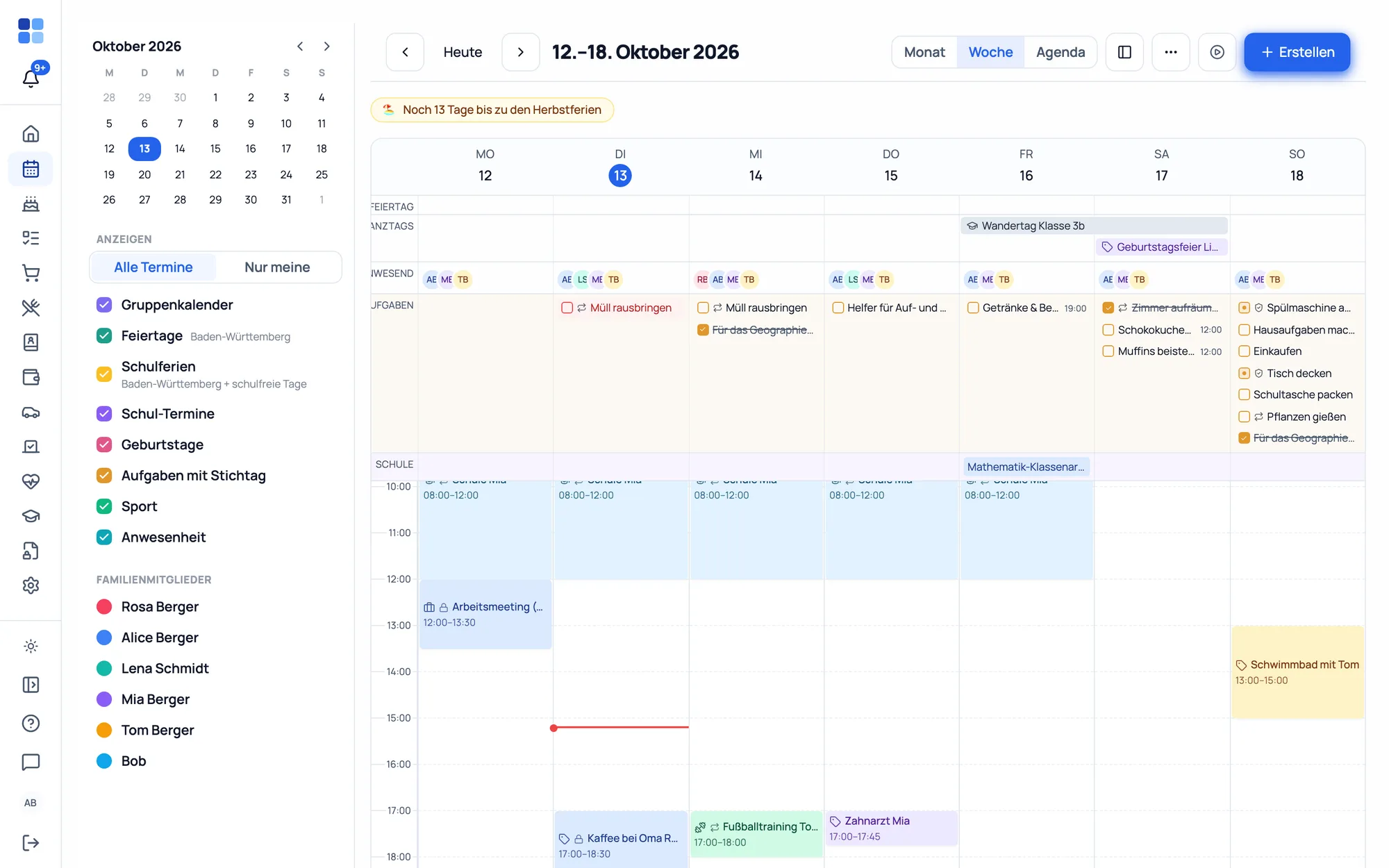 Familienkalender — Desktop-Wochenansicht mit „Meine Kalender"-Sidebar