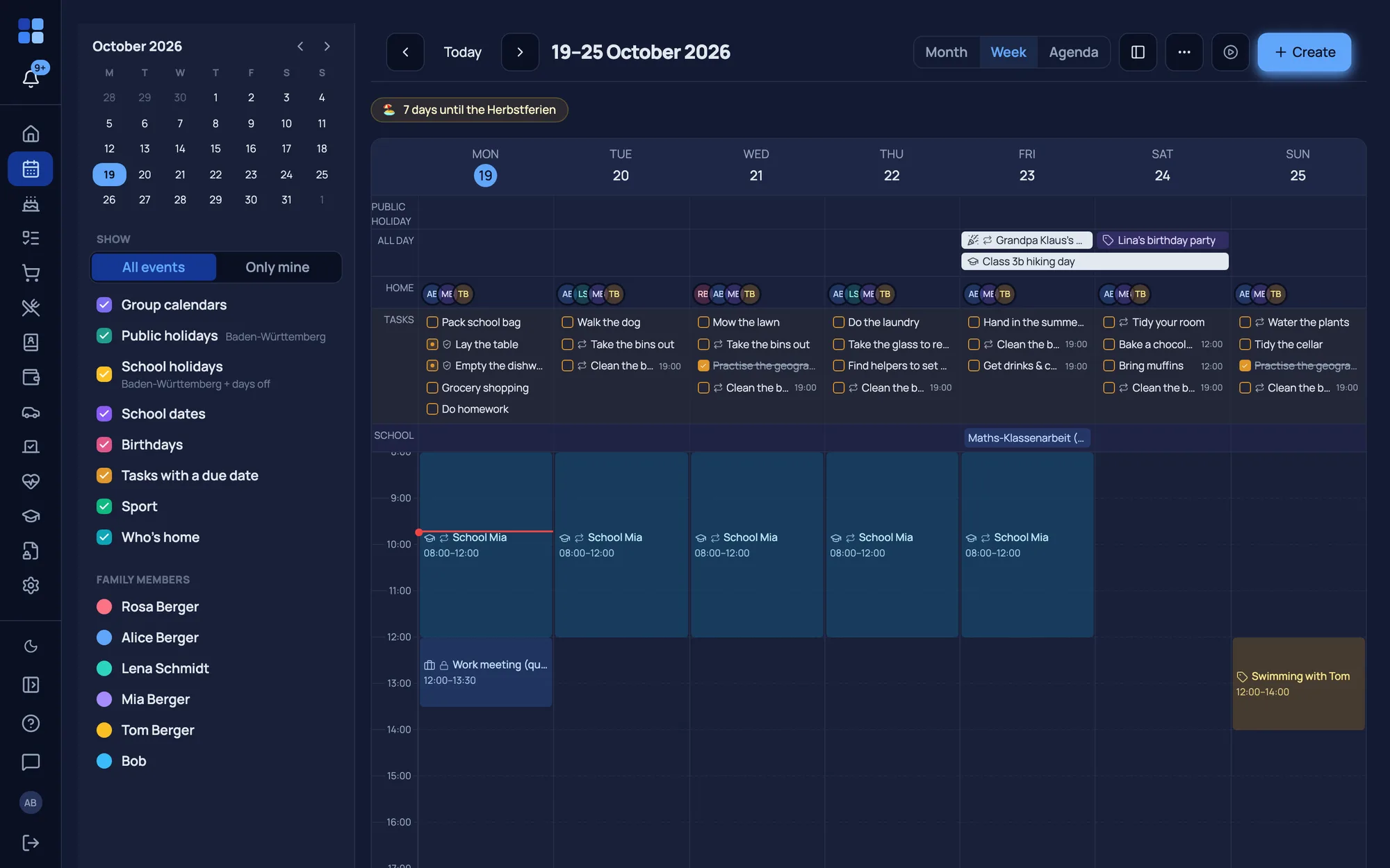 Family calendar – desktop week view with the “My calendars” sidebar