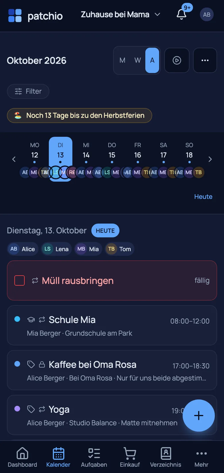 Familienkalender — Desktop-Wochenansicht mit „Meine Kalender"-Sidebar