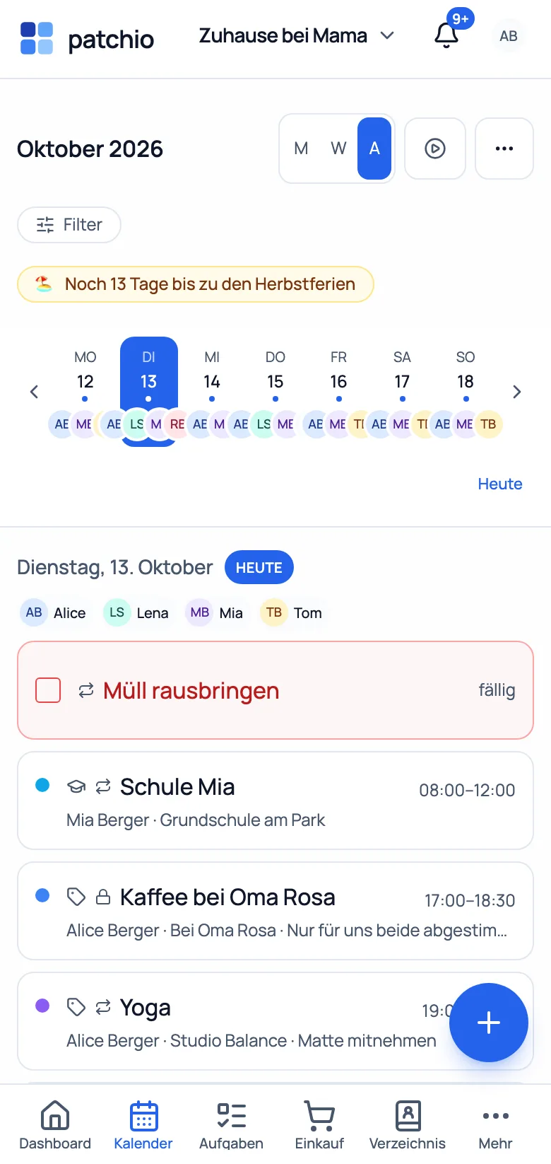 Familienkalender — Desktop-Wochenansicht mit „Meine Kalender"-Sidebar