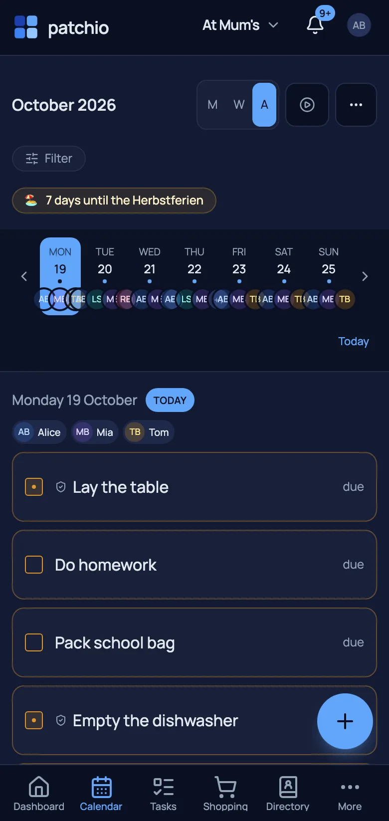 Family calendar – desktop week view with the “My calendars” sidebar