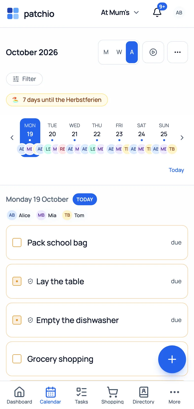 Family calendar – desktop week view with the “My calendars” sidebar