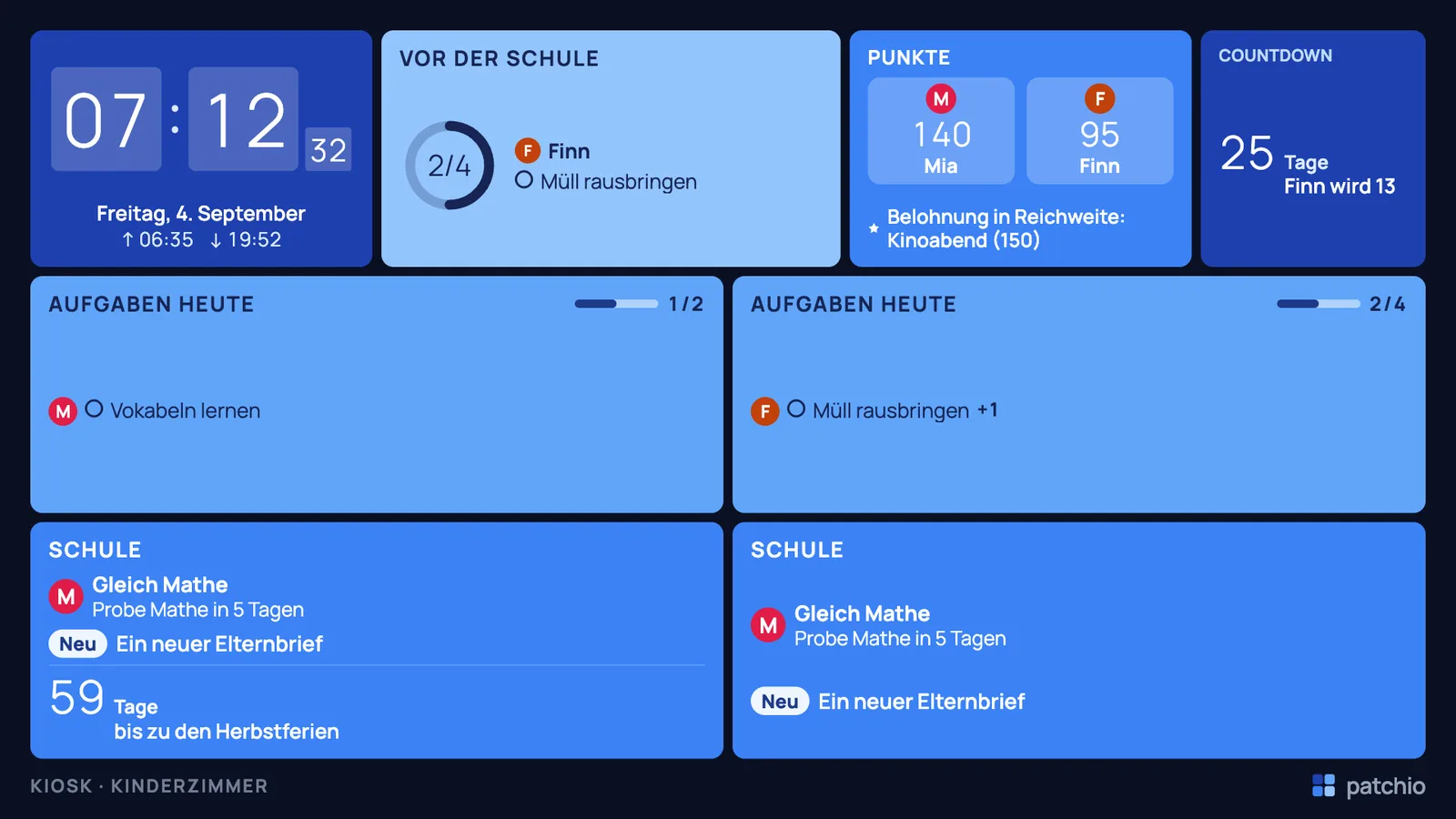 Kiosk im Kinderzimmer: Flip-Uhr, Morgenroutine zum Abhaken, Punktestand, Countdown und Schulkacheln im Look Kacheln