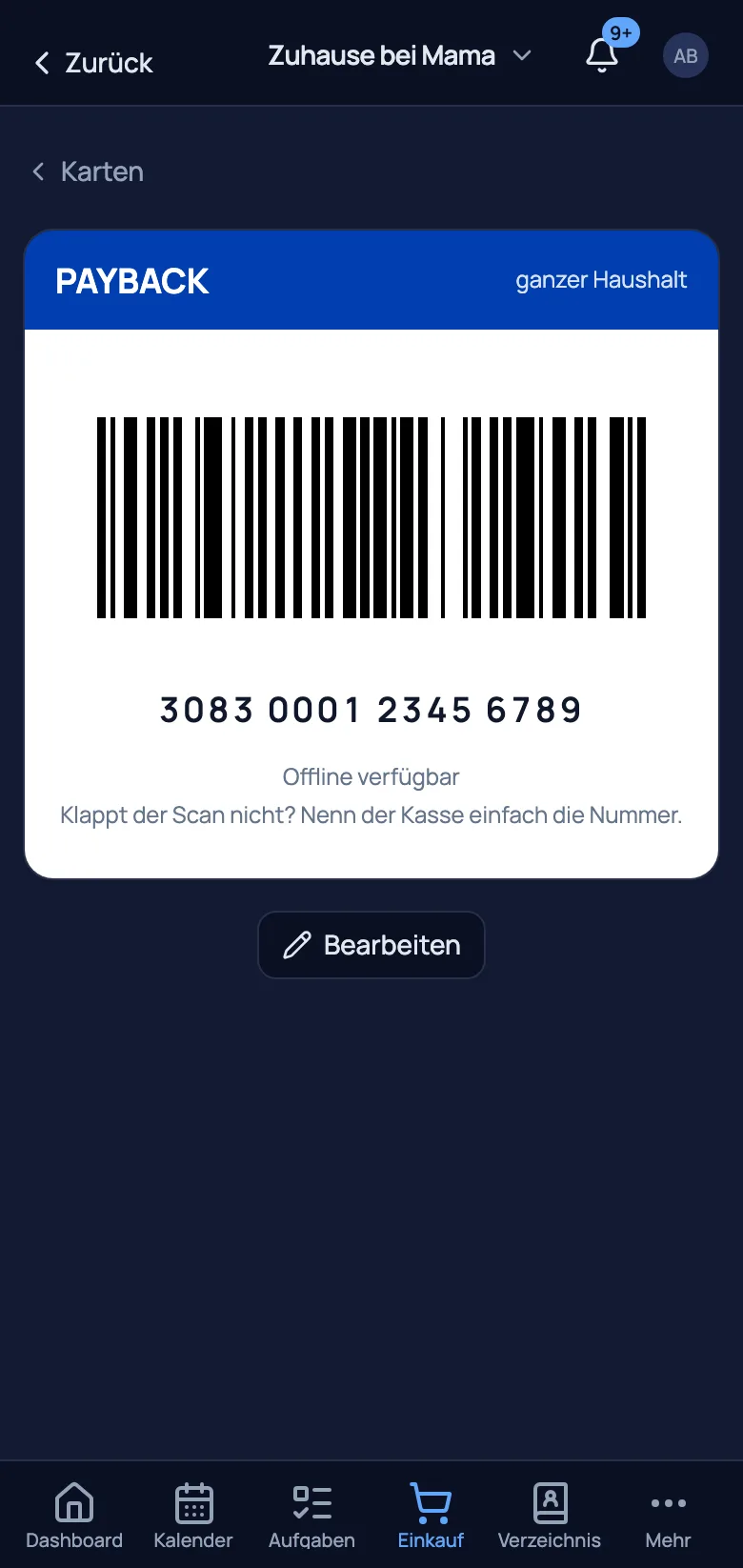 Kundenkarte an der Kasse — großer Barcode, offline, für alle im Haushalt