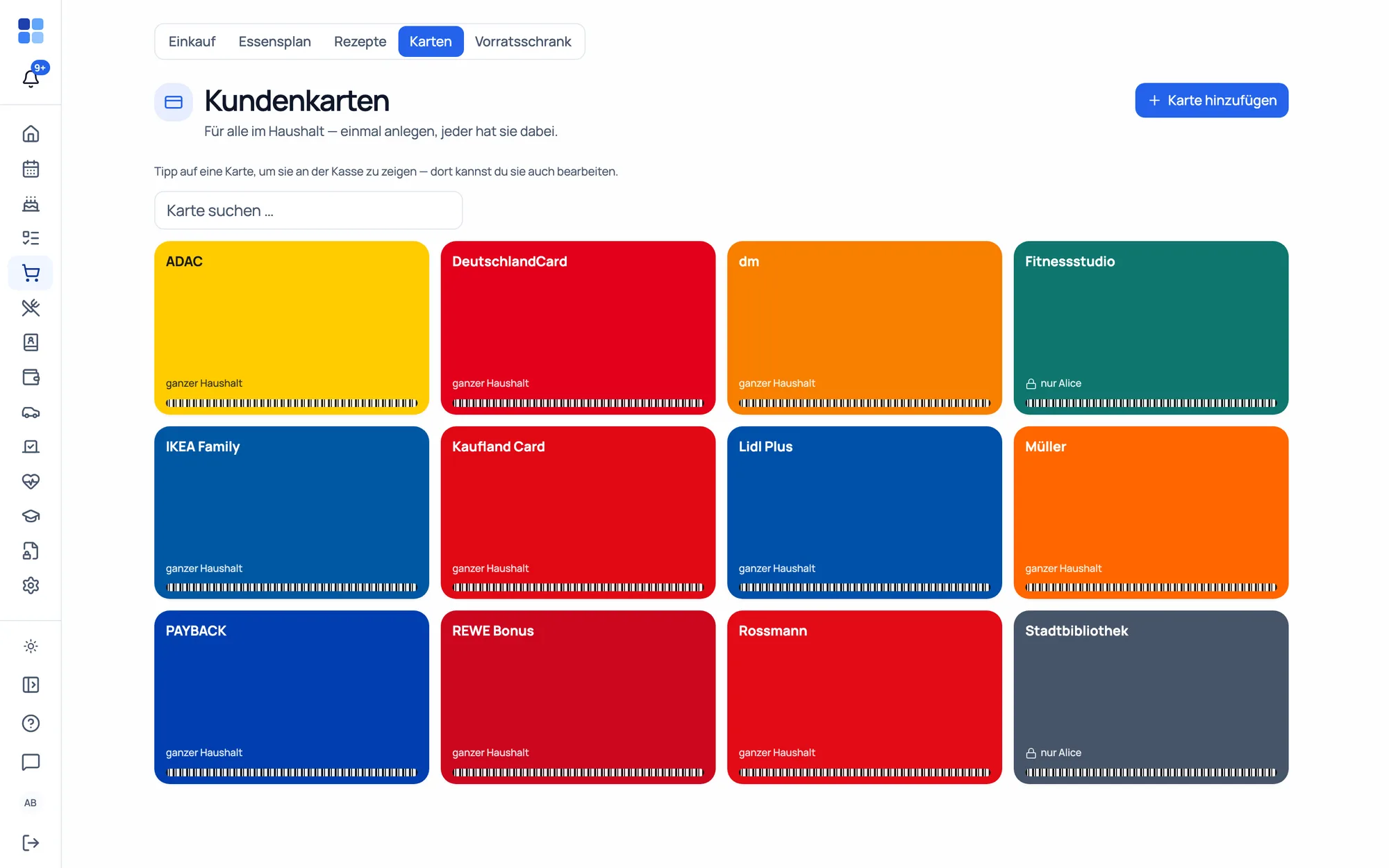 Alle Kundenkarten des Haushalts als Kacheln in den Farben der Händler