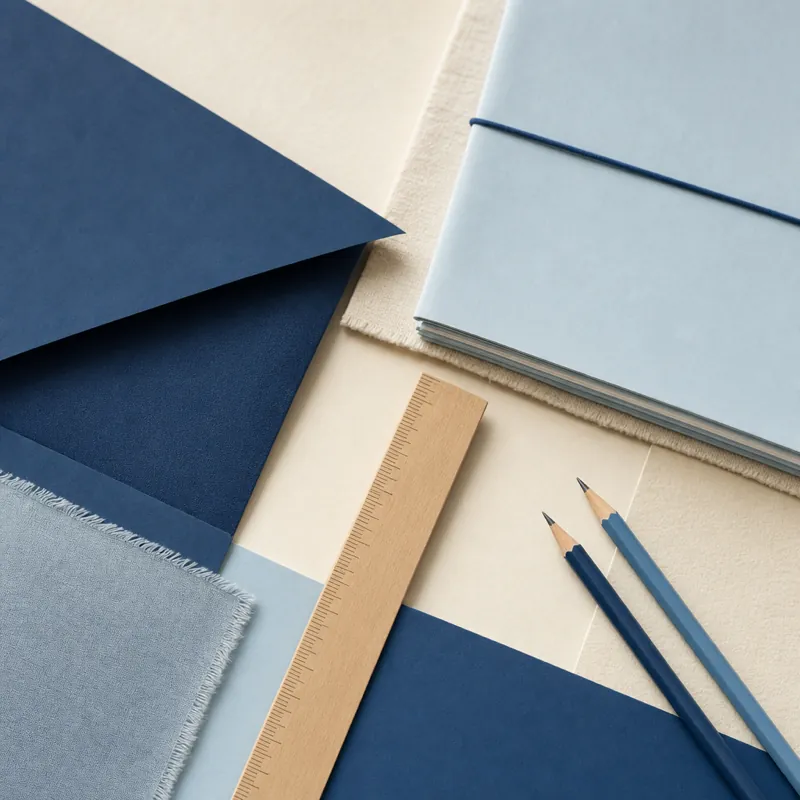Flat lay of folded paper shapes in shades of blue: a triangular school bag flap, a wooden ruler, a stack of exercise books in light blue covers and two pencils.