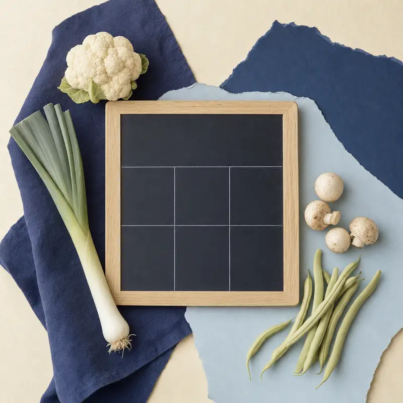 Flat lay: an empty slate in a wooden frame, divided into seven boxes by chalk lines, surrounded by cauliflower, leek, mushrooms and green beans on dark blue linen and light blue paper.