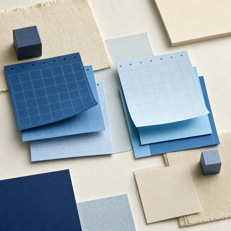 Flat lay of stacked paper calendar sheets with grid lines in different shades of blue, one page lifting as if being compared.