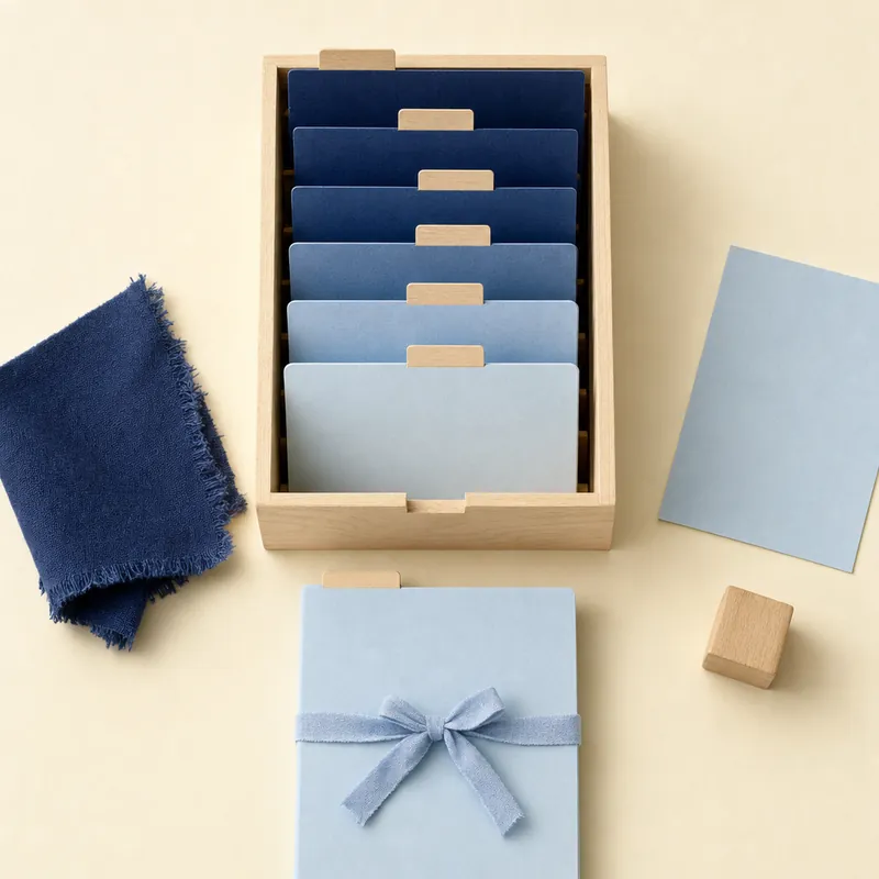 Flatlay eines offenen Holzkastens mit aufrecht stehenden Papiermappen in Blautönen, sortiert nach Höhe, eine davon mit einem schmalen blauen Stoffband verschnürt und leicht herausgezogen.
