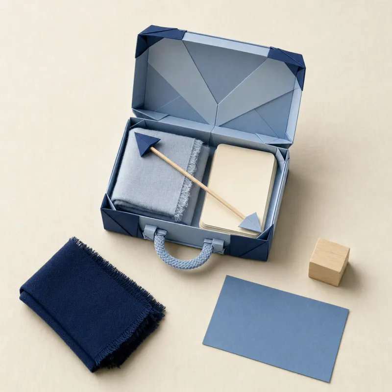 Flat lay of a folded paper suitcase in shades of blue, with a ribbon around it like a travel route and a small stack of paper documents beside it.