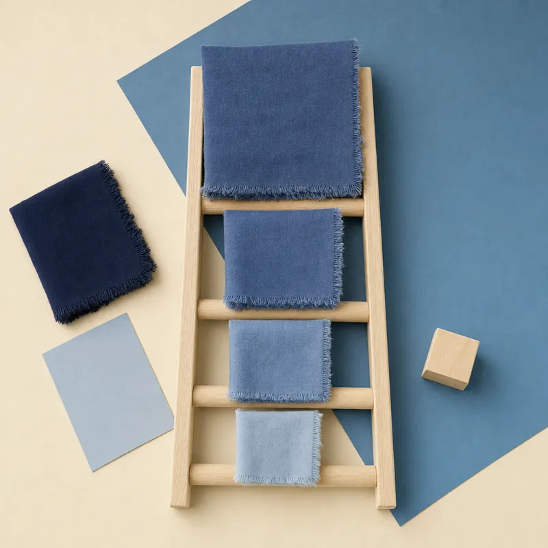 Flat lay of a small wooden stepladder on blue paper, with folded fabric squares of growing size lying on its rungs from the lowest to the highest step.