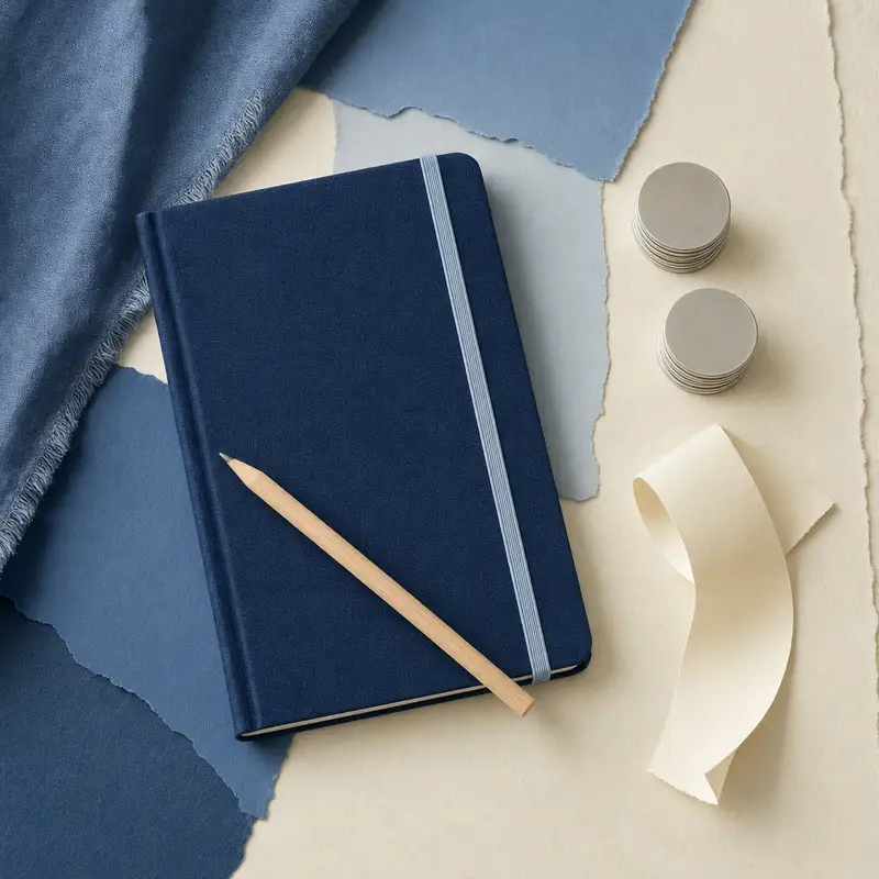 Flat lay in shades of blue: a closed notebook with a dark blue linen cover and light blue elastic band, a wooden pencil on top, next to it two small stacks of blank metal coins and a curled, unprinted strip of paper.
