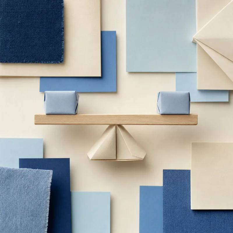 Flat lay of a small wooden balance with two equally heavy parcels wrapped in paper, resting in balance.
