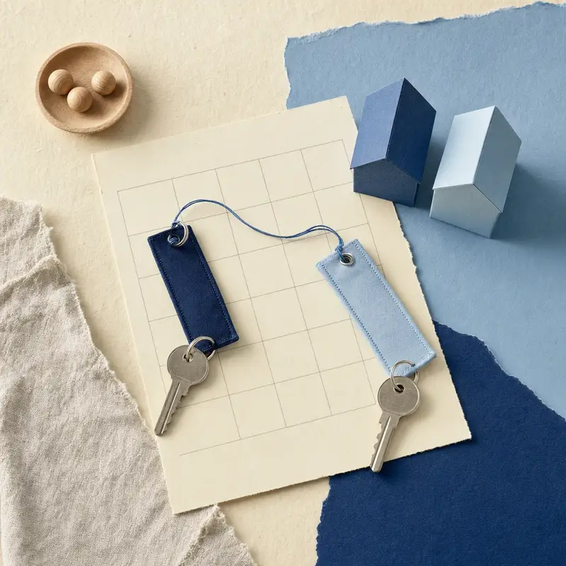 Flat lay in shades of blue: two house keys with dark blue and light blue fabric tags, joined by a thin blue thread, on a cream calendar grid, next to them two folded paper houses.