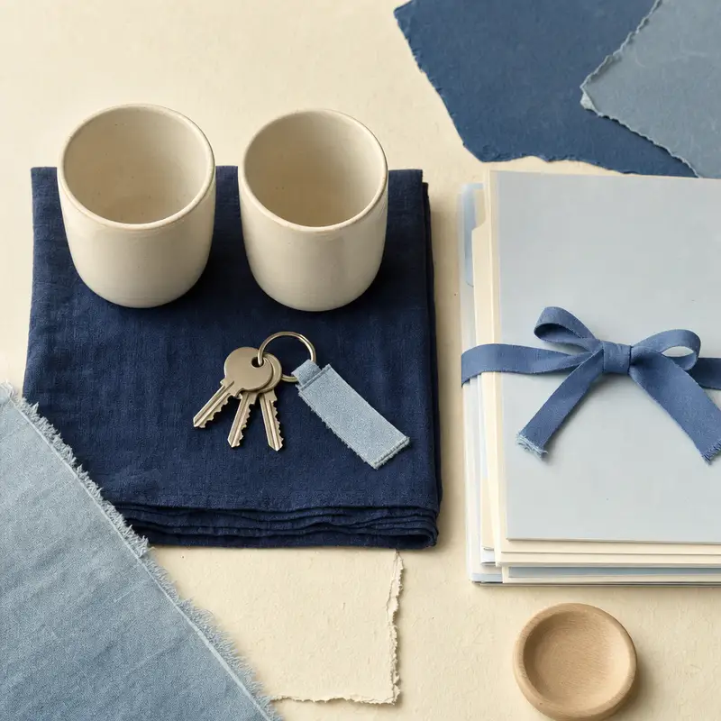 Flat lay in shades of blue: two cream ceramic cups on a dark blue linen napkin, a key ring with a light blue fabric tag in front of them, next to them a stack of light blue folders tied with a blue fabric bow.