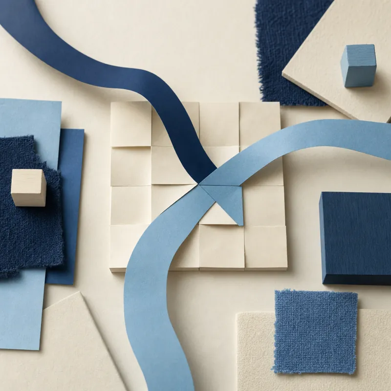 Flat lay of two curved paper ribbons in different shades of blue crossing over a folded paper grid like a shared calendar.