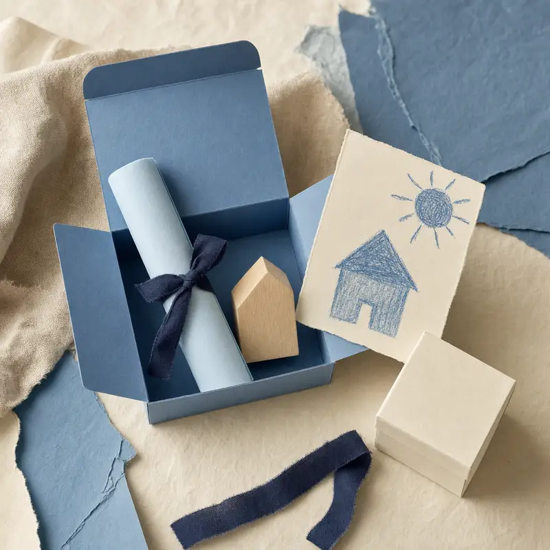 Flat lay in shades of blue: an open blue paper box holding a rolled sheet tied with fabric ribbon and a small wooden house, next to it a child's drawing of a house and a sun and a closed cream box.