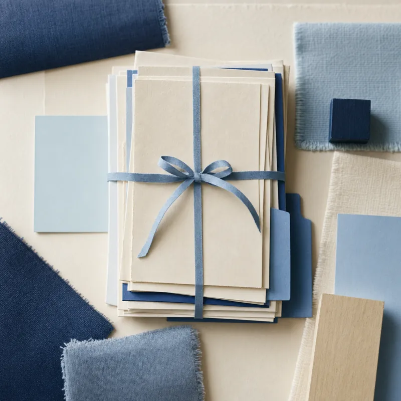 Flat lay of two folded paper roof shapes in alternating shades of blue, standing side by side like two houses, joined by a dashed seam.