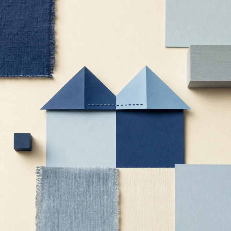 Flat lay of two folded paper roof shapes in alternating shades of blue, standing side by side like two houses, joined by a dashed seam.