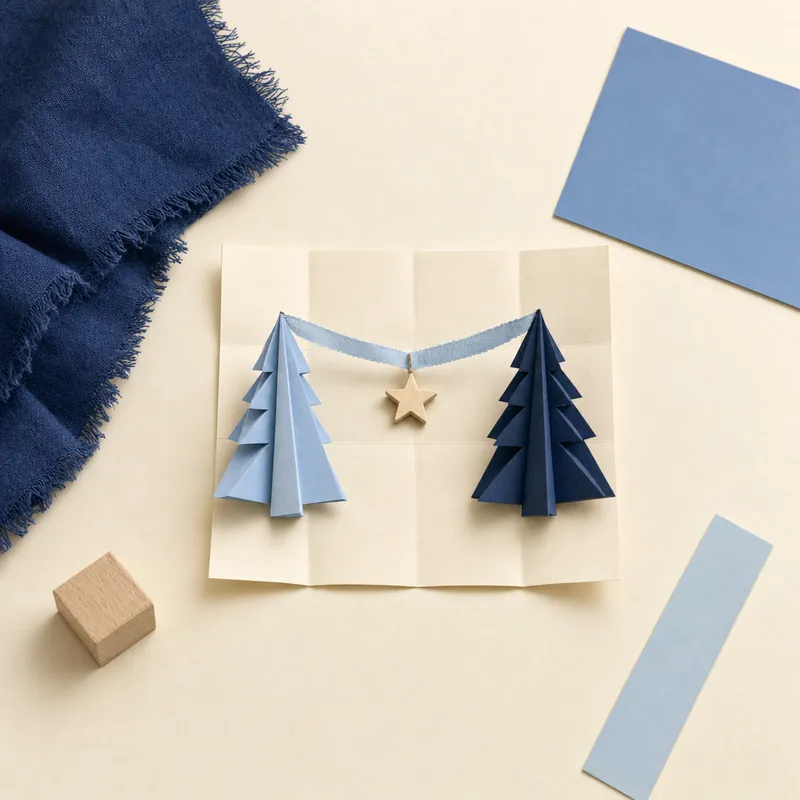 Flat lay of two folded paper Christmas trees in different shades of blue on a paper grid like a calendar, joined by a narrow ribbon with a single wooden star in the middle.