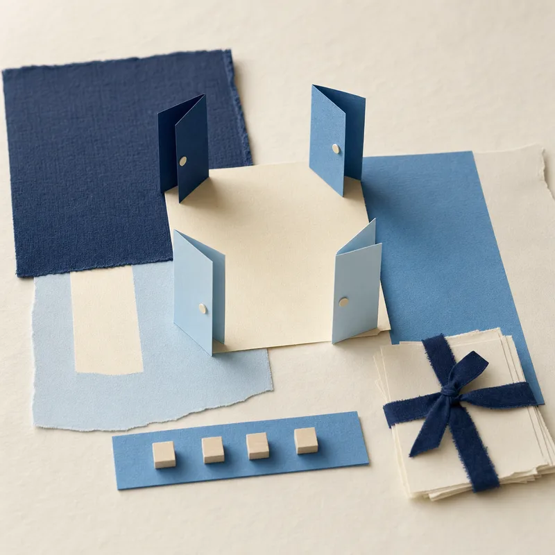 Flatlay in Blautönen: vier kleine gefaltete Papiertüren stehen um ein cremefarbenes Papierquadrat wie um einen gemeinsamen Küchentisch, davor ein blauer Papierstreifen mit vier Holzklötzchen als Putzplan und ein Stapel Kassenbons mit dunkelblauem Stoffband.